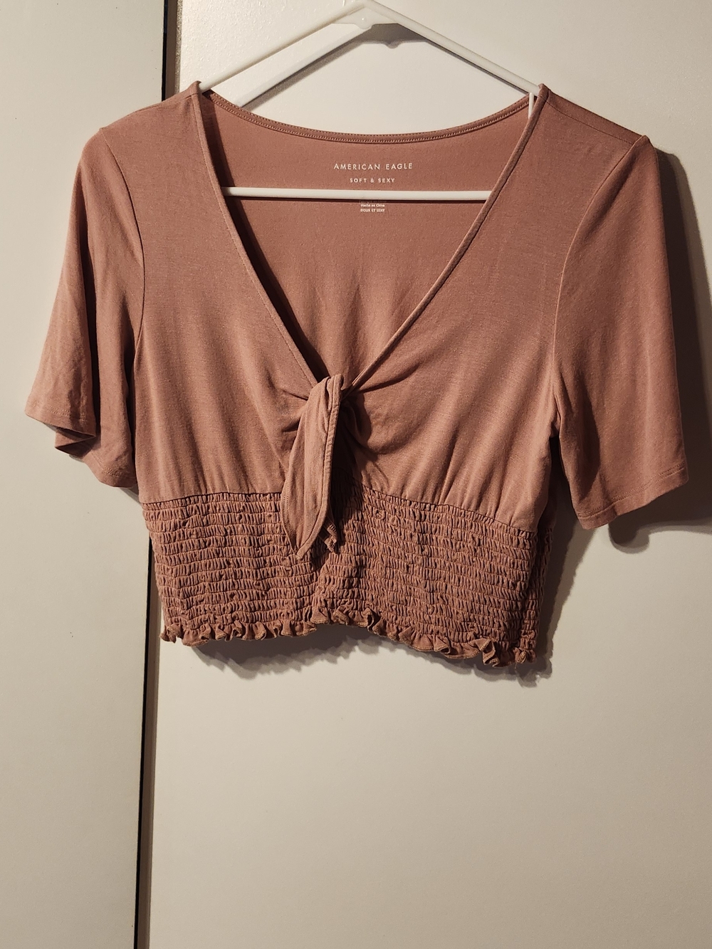American Eagle Outfitters Dusty Rose Tie-Front Smocked Crop Top